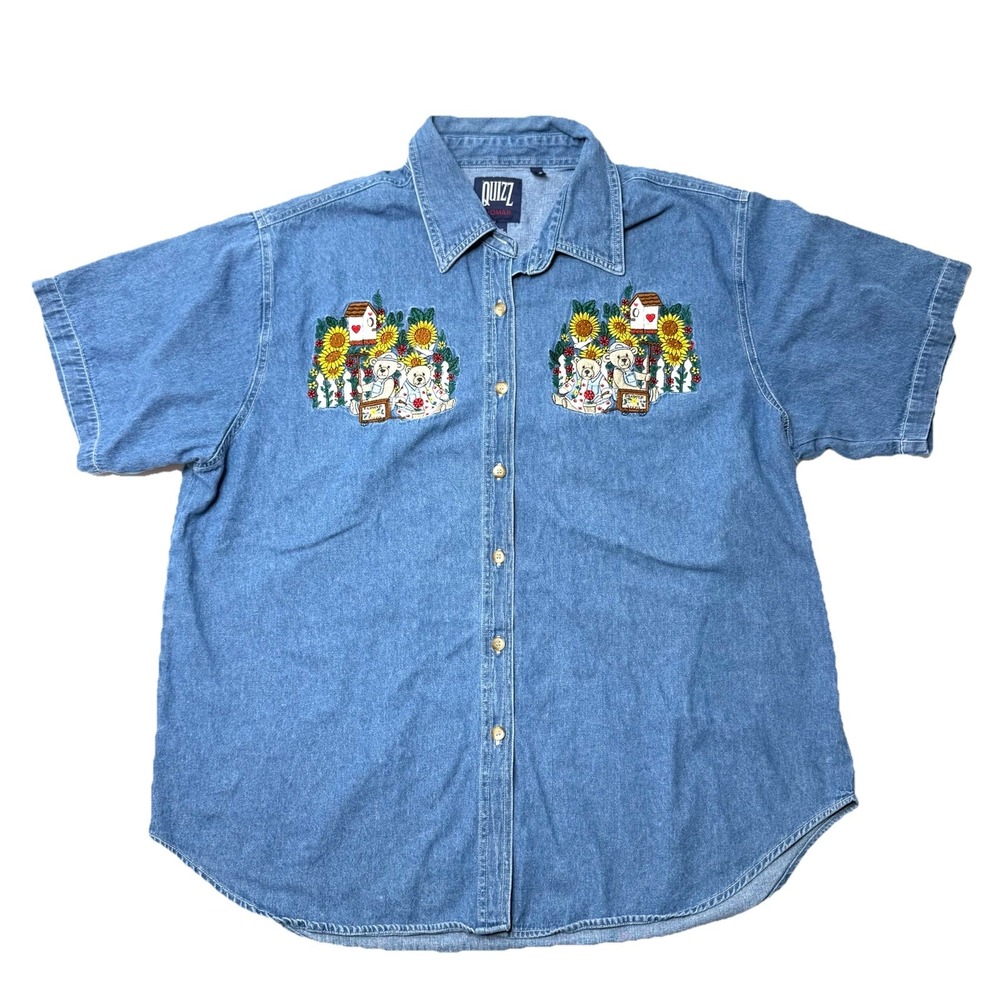 Quizz Shirt‎ 20 Blue Denim Short Sleeve Embroidered Casual Bears Daisy Teachers